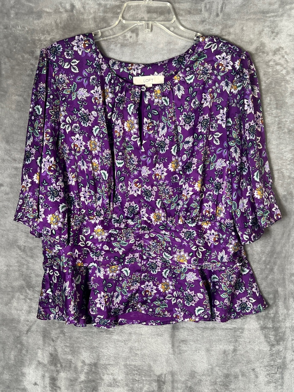 LOFT Purple Floral Peplum Top with Flutter Sleeves